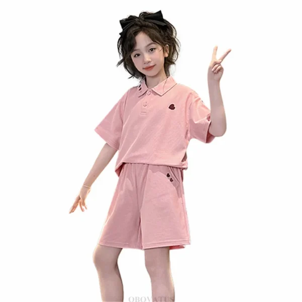 Korean Fashion Girls Summer Clothing Sets Short-Sleeve Polo Shirts and Shorts with Heart Embroidery Two Pieces Kids Costume Suit