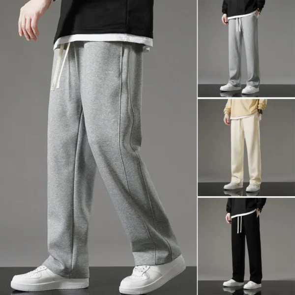 Cotton Blend Trousers Men's Drawstring Elastic Waist Wide Leg Sweatpants with Pockets for Daily Wear Casual Sport Activities - Image 3
