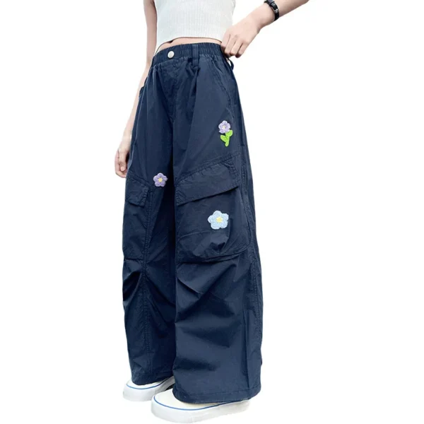 Teen Girls Cargo Pants Child Retro Floral Embroidered High-Waist Straight Wide-Leg Pants for Kids Casual Fashion Loose Trousers - Image 6