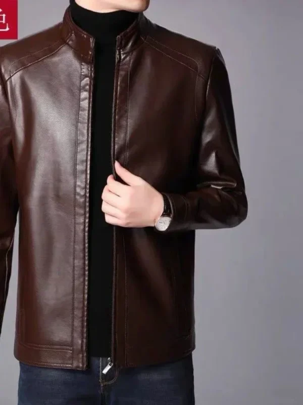 Faux Leather Men Jackets Coats Stand Collar Zipper Coat