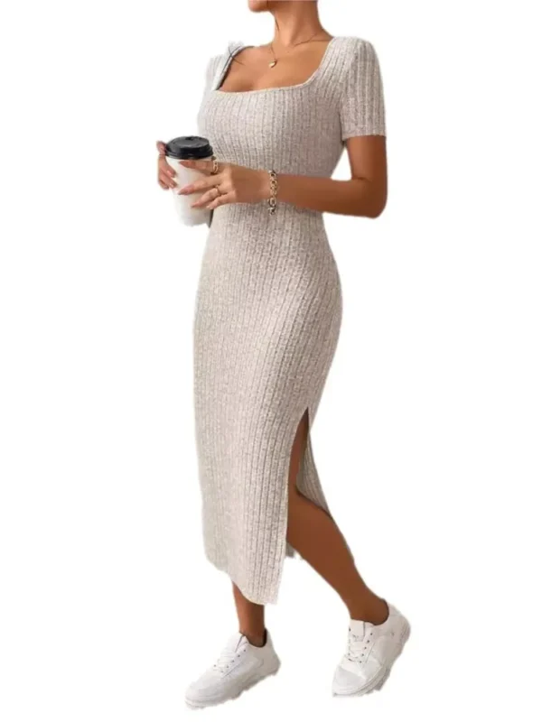Fashion Solid Color Knitted Slim Long Dresses Women Sexy Square Collar Package Hip Bodycon Slit Dress Elegant Lady Knitt Vestido - Image 5