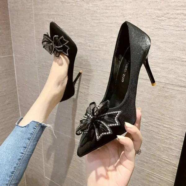 Women's High Heels Stiletto 2022 New Fashion Temperament Bow Rhinestone Pointed Wedding Shoes Bride Designers Shoes Party Shoes - Image 6