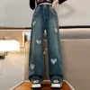 New 2025 Girls Loose Wide Leg Jeans Long Trousers Kids Fashion Heart Ripped Straight Leg Denim Pants Teen Spring Casual Clothing