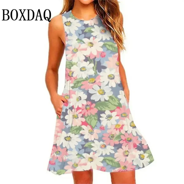 Women's Flowers 3D Print Dresses Sundress Beach Casual Tank Holiday Sleeveless Short Dress Summer Retro Round Neck Loose Clothes