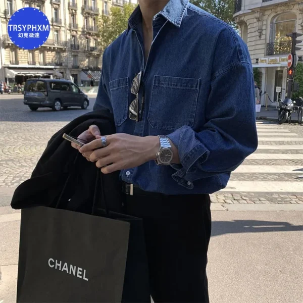 TRSYPHXM new Blue men's denim long sleeved shirt for a high-end look, paired with a British yuppie shirt and autumn coat - Image 2