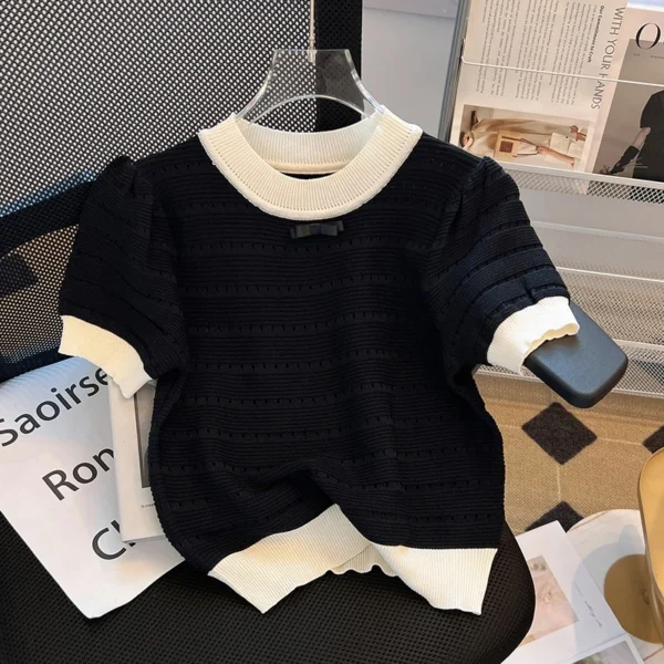 Summer Sweet Hollow Out Knitted T-shirt Women Contrast Color Round Neck Short Sleeve Crop Top - Image 2