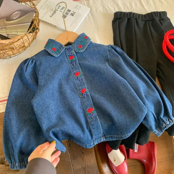 Korean Style Spring Autumn Baby Girls Denim Coats Blue Single Breasted Red Flower Print Toddler Cardigans Kids Outwear