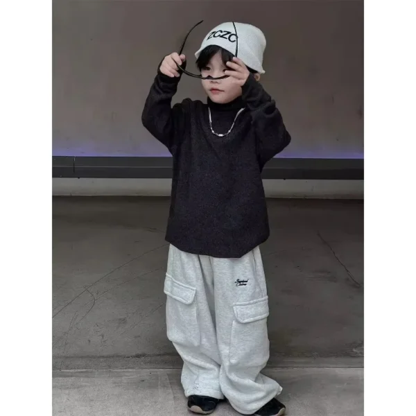 Black/grey Sweatpants Teen Boys Handsome Loose Straight Wide Leg Pants Streetwear Joggers Boys Pocket Casual Pants 2-12 Y - Image 6