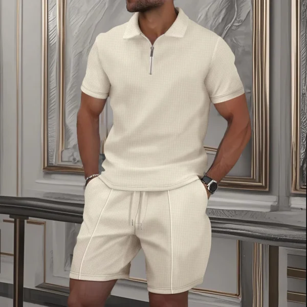 New Mens Zip Polo Sets Solid Color 3D Print Casual Zipper Polo Shirt +Shorts 2pcs Sets Business Sports Outfit Men Tracksuit Suit