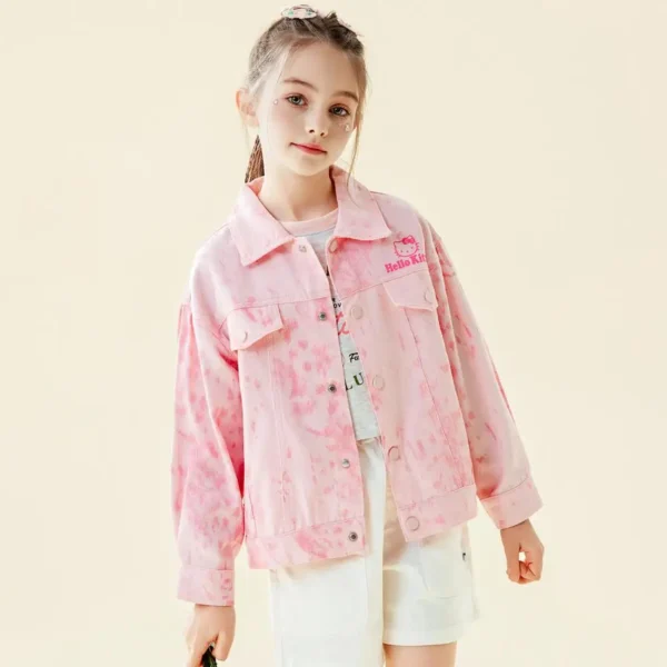 Kawaii Sanrio Hellokitty Coat 2025 New Style Spring Autumn Jacket Girls Sweet Tie Dye Denim Outwear Short Cool Fashion Overcoat