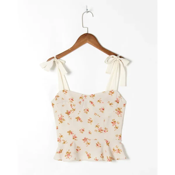 Vintage Floral Print Crop Top Sweetheart Neck Ruffle Hem Elegant Peplum Top Sleeveless Tie Strap Sexy Summer Tops Women 2021 - Image 4