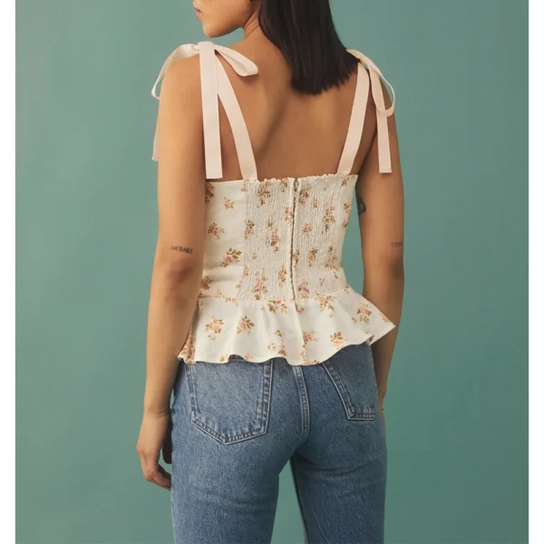 Vintage Floral Print Crop Top Sweetheart Neck Ruffle Hem Elegant Peplum Top Sleeveless Tie Strap Sexy Summer Tops Women 2021 - Image 2