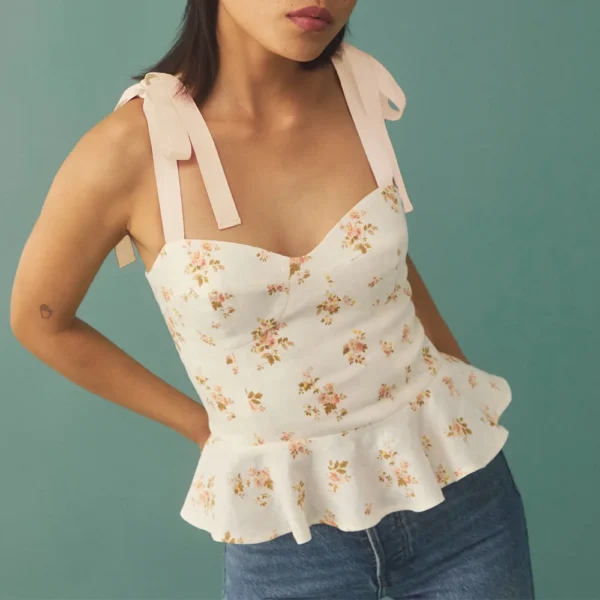 Vintage Floral Print Crop Top Sweetheart Neck Ruffle Hem Elegant Peplum Top Sleeveless Tie Strap Sexy Summer Tops Women 2021