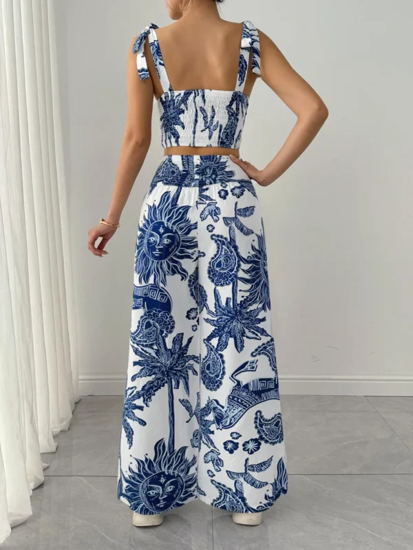 Two Piece Sets Women Pant Print Sling Tops High Waist Wide Leg Pants Drawstring Matching Sets Casual Backless Tops Summer 2025 - Image 3