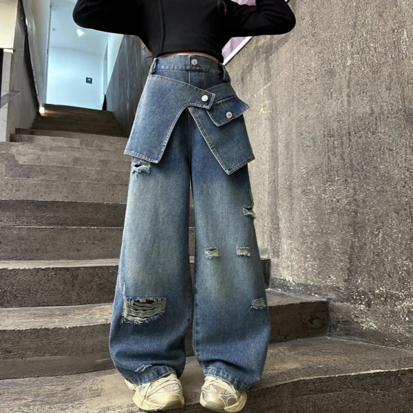 Girls 2025 Distressed Wide-Leg Jeans Autumn New Korean Fashion Ripped Fake Two-Piece Denim Pants for Tweens & Teens - Image 3