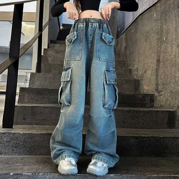 Kids Vintage Distressed Jeans with Pocket For Girls Y2K Fashion High Street Denim Pants Teens Child Baggy Cargo Jeans Trousers - Image 4