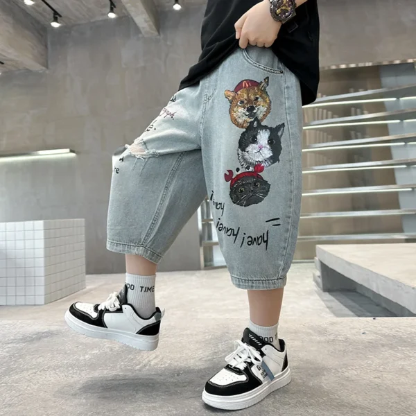 Novelty Kids Summer Capris Shorts For Boys Cat Dog Print Denim Shorts Ripped Jeans Teens Child Casual Cartoon Mid-Calf Pants - Image 2