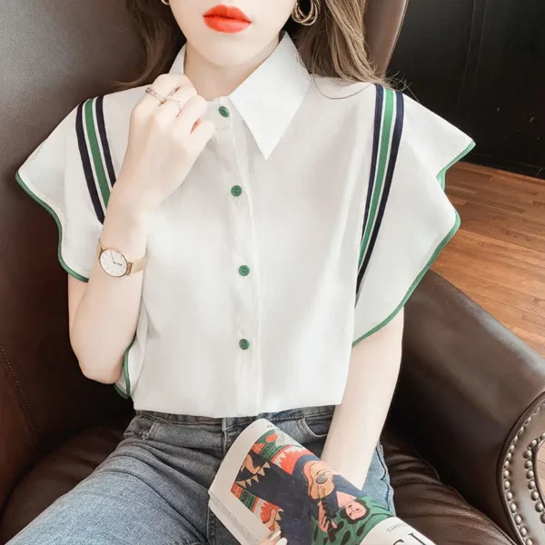 Women's Buttoned Shirts Fashion Ruffle Top Loose Youth Trends Chiffon Korean Style Beautiful Casual Summer Blouse for Women Silk - Image 2
