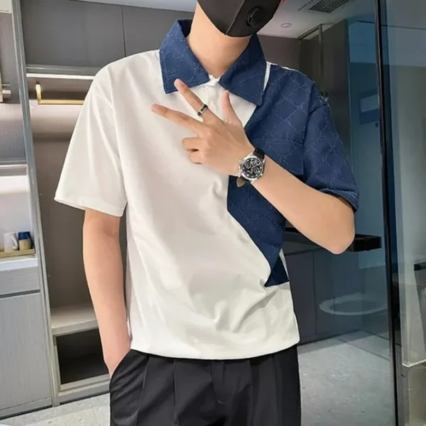 Men Clothing Korean Fashion Contrast Color Patchwork Polo Collar T Shirt Youth Summer Casual Short Sleeve Loose All Match Tops - Image 4