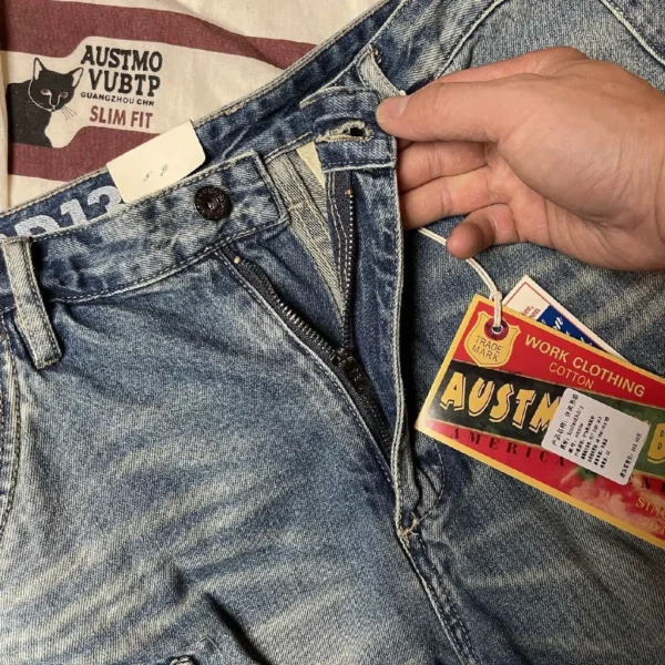 Tough Guy Tooling Leather Decorative Pockets Washed Loose Denim Five-point Pants Summer Casual Young Men's Cargo Short Pants - Image 3