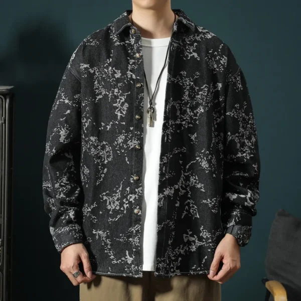 2024 Spring and Autumn New Fashion Printed Long Sleeve Denim Shirt Men's Casual Relaxed Comfortable Breathable Large Size Shirt - Image 2