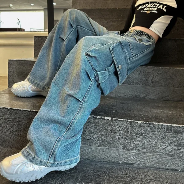 Kids Vintage Distressed Jeans with Pocket For Girls Y2K Fashion High Street Denim Pants Teens Child Baggy Cargo Jeans Trousers - Image 5