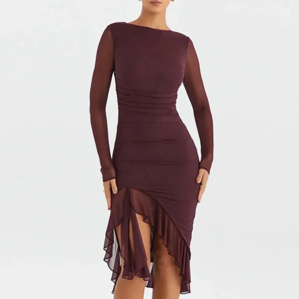 Fashion Women Midi Bodycon Dress Solid Color Ruffles Long Sleeve Dress Spring Backless Party Cocktail Dress Streetwear Summer - Image 5
