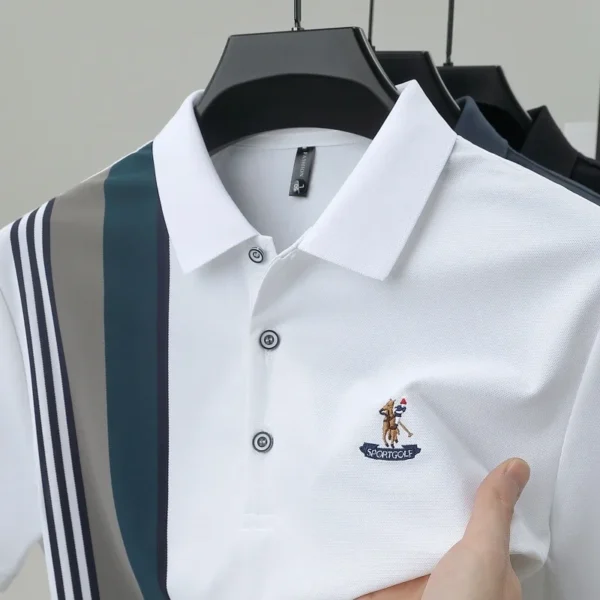 Personality Stripe Decoration Short Sleeve Polo Shirt Men's Summer High-end Brand Embroidery Trend T-shirt Youth Fashion New - Image 3