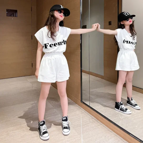 2025 Girls Summer Suit New Child Clothes Short Sleeveless Sports letters t-shirt top and bottom half pants Teen Tracksuits Kids - Image 6