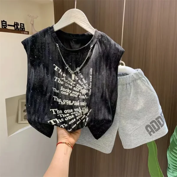 Summer Cool Boys Sleeveless Vest+Gray Short 2 Piece Suit Fashion Kids Sport Outfit New Baby Boys Clothes 1 2 3 4 5 6 7 8 9T Wear