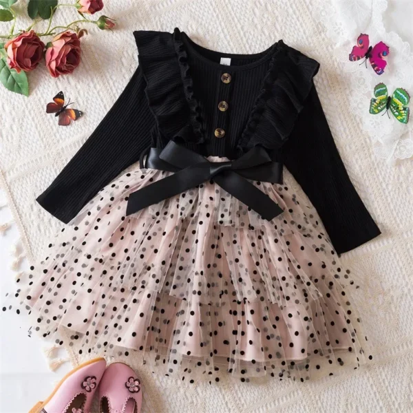 Autumn New Dress Kids Girls 2-6 Years Black Long-Sleeved Polka Dot Dress for Girls Korean Style Children Princess Dress