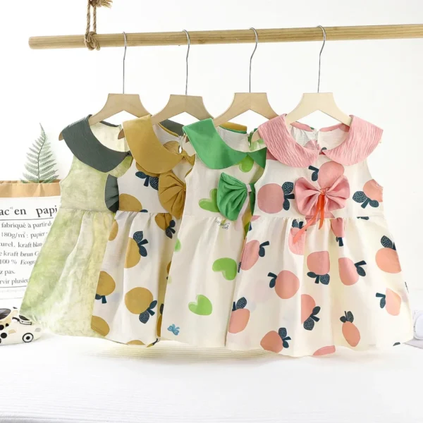 New 2025 Girls Summer Thin Dress Baby Cute Bowkont Cartoon Flower Print Sleeveless Princess A-line Dresses Sundress Clothing