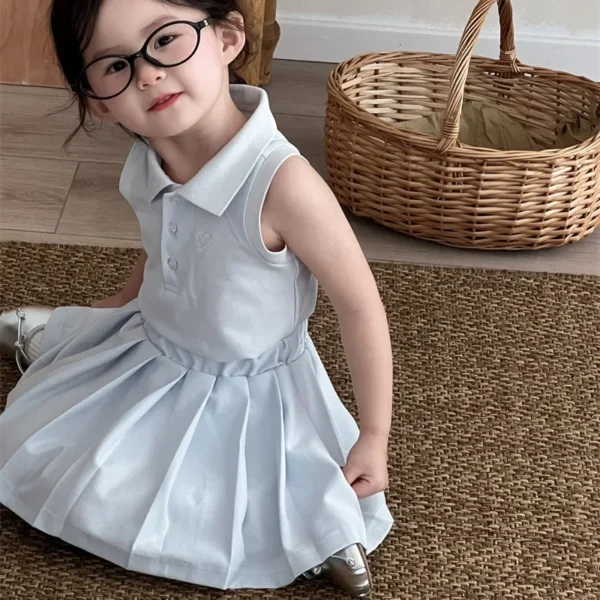 6042 Girl's Suit 2025 Summer New Children's Sports Polo Shirt Set Girls' Love Embroidered Lapel Shirt+Pleated Skirt 2PC Suit - Image 3