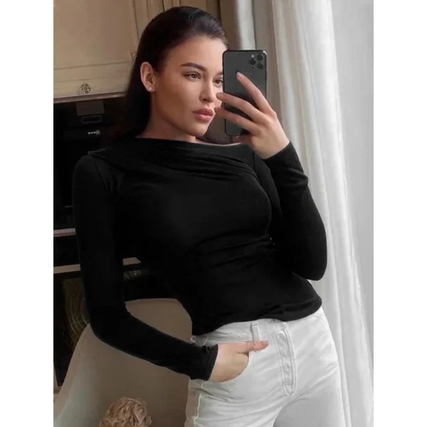 JINIA Women Long Sleeve Crop Top Y2K Basic Tee Solid Skew Neck Pullover Autumn Streetwear Black - Image 6
