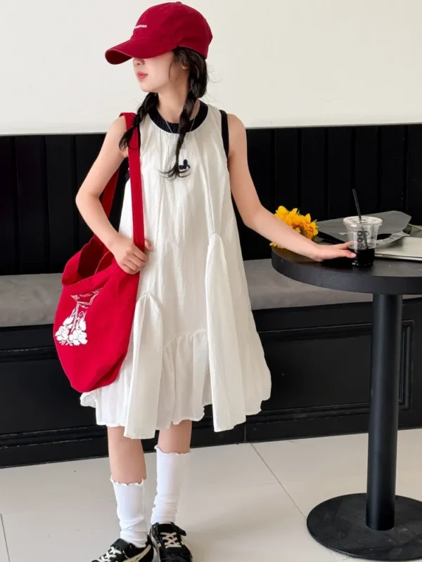 Girls' Summer Vest-style Dress, Sleeveless Ruffled Princess Dress, Suitable for Teens Aged 7-14 for Daily Wear - Image 5