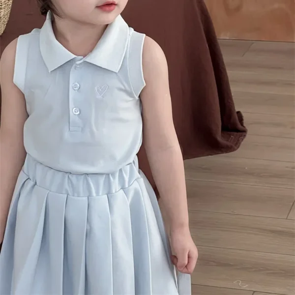 6042 Girl's Suit 2025 Summer New Children's Sports Polo Shirt Set Girls' Love Embroidered Lapel Shirt+Pleated Skirt 2PC Suit - Image 4