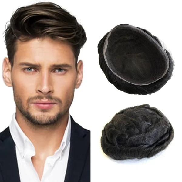 Men's Wig 1B Color Full Hand Tied Hairpiece 100% Natural Human Hair Breathable Swiss lace Hair System Men Toupees for Men