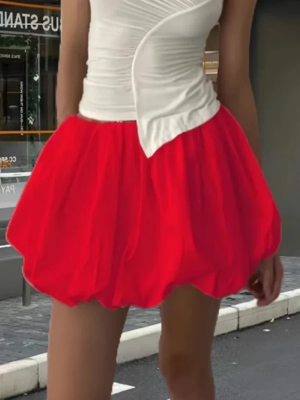 Women's Y2K Style Solid Color All-match Lantern Puffy Balloon Skirt Bubble Skirts Elastic Waist Pleated Ruffle A-Line Mini Skirt - Image 3