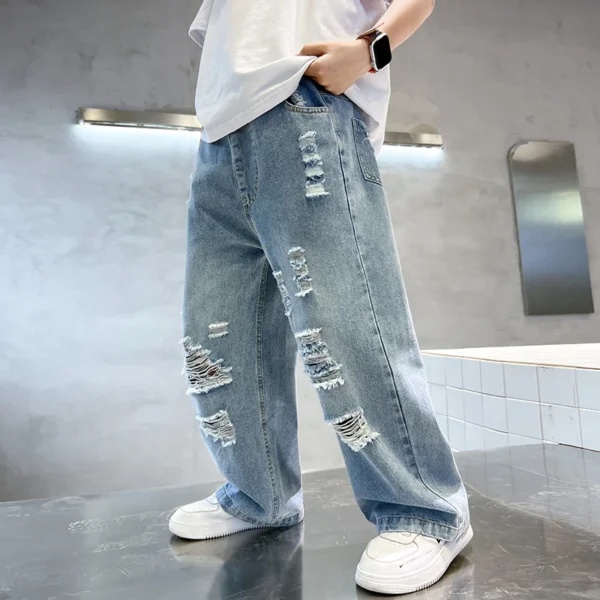 Boy Vintage Streetwear Ripped Baggy Jeans with Holes High Waist Straight Leg Jeans Child Casual Loose Denim Pants For Kids Teen - Image 2
