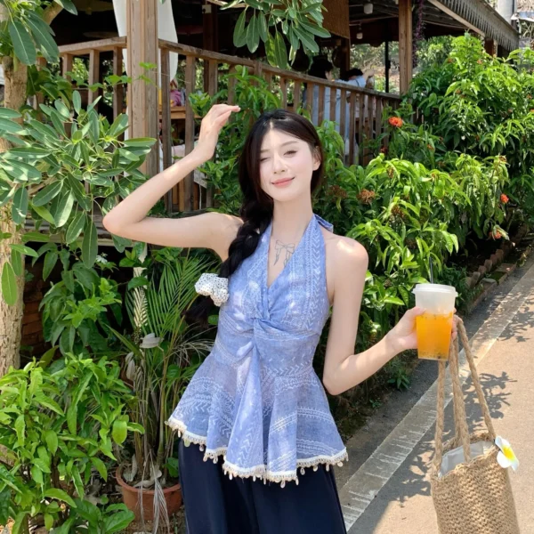 Women Summer Halter Neck Sleeveless Backless Blouse Top Lace Trim Boho Peplum Camisole Elegant Holiday Beachwear Korean Style - Image 5