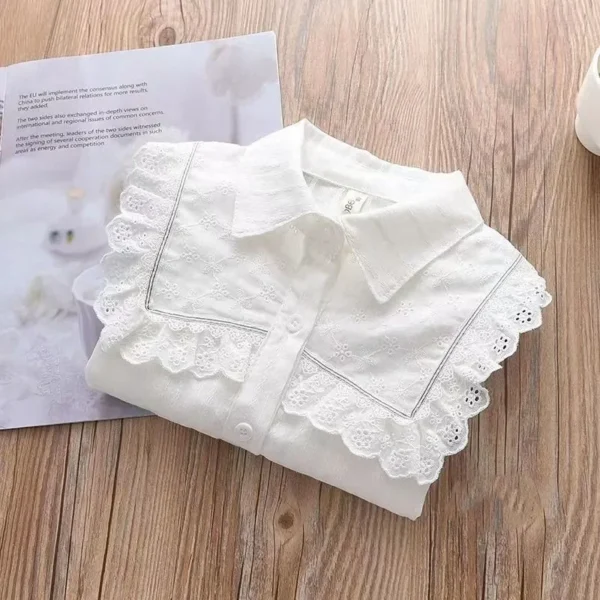 Korean Edition Long Sleeve Cotton Shirt Top White Student Shirt Lace Girls' Spring and Autumn Polo Neck Shirt Children's Solid - Image 5