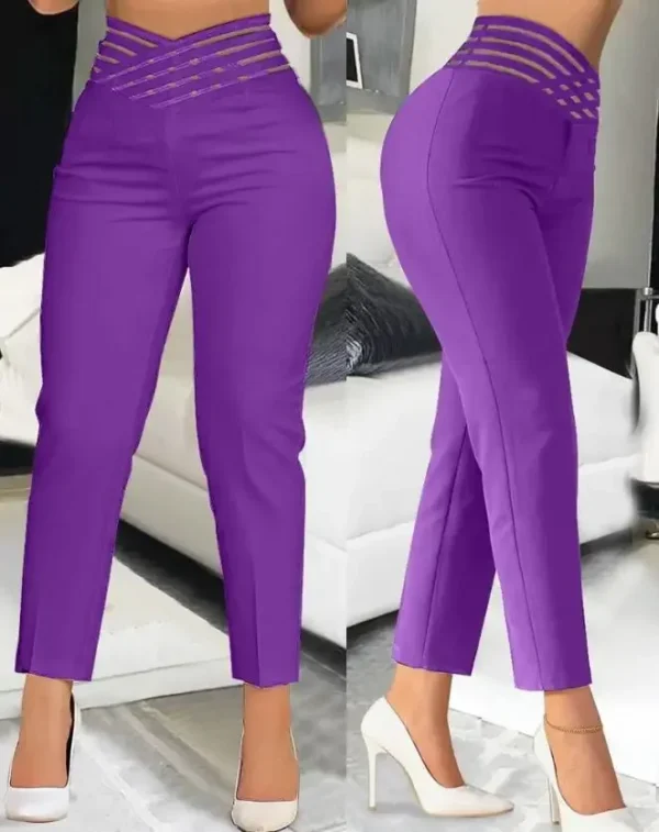 Women's Fashion Overlap Waist Hollow Out Work Pants 2024 Spring New Casual Sheer Mesh Ruched Elegant Office Lady Long Trousers - Image 2