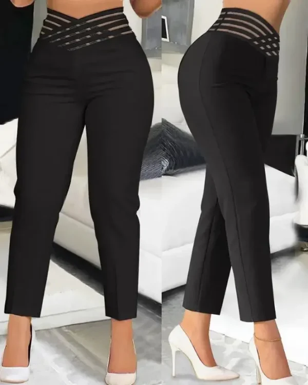 Women's Fashion Overlap Waist Hollow Out Work Pants 2024 Spring New Casual Sheer Mesh Ruched Elegant Office Lady Long Trousers - Image 3