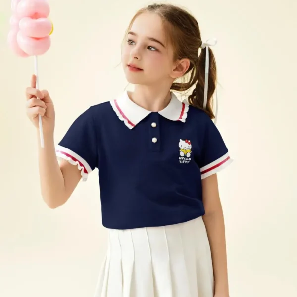 Kawaii Sanrio Hello Kitty Girls Polo Shirt Summer Cartoon 3-14Y Short Sleeve Fashion Breathable T-Shirt Child Sweatshirt Tops - Image 3
