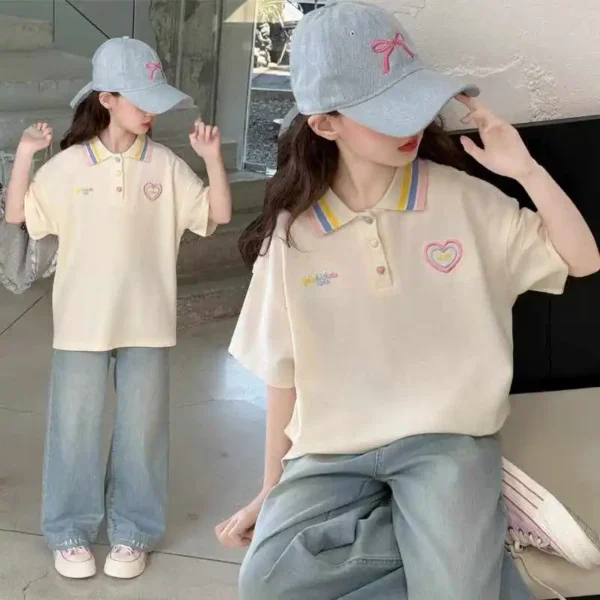 Girls' Summer Set, Short Sleeve Denim Pants 2-piece Set, POLO Shirt, Suitable for Teen Daily Wear, Children's Summer Clothing