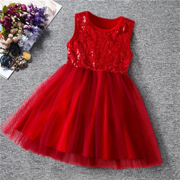 Kids Sleeveless Summer Dresses for Girls Sequin Mesh Tulle Tutu Princess Christmas Party Dress Kids Red Casual Patchwork Dresses