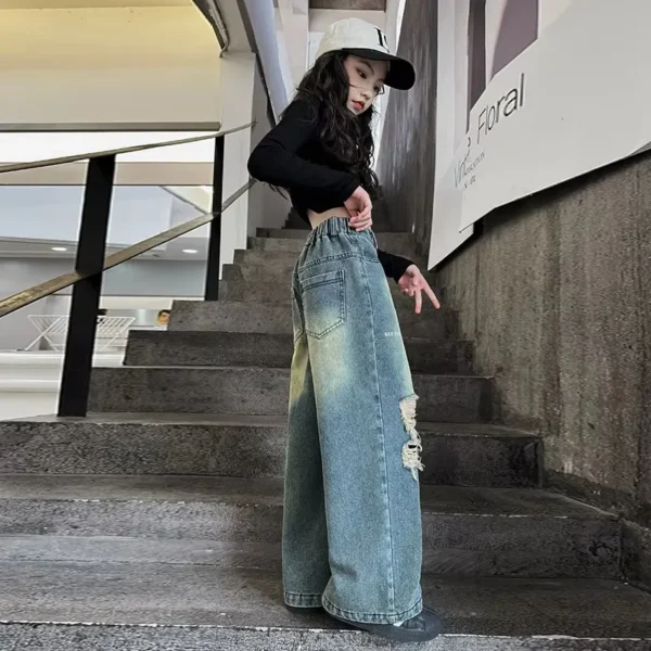 Fashion Girls Straight Fit Ripped Jeans With Hole Kids Destroyed Denim Trousers For Teens High Street Style Broken Jeans Wear - Image 6