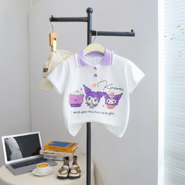 Sanriou Short Sleeve Kuromi T-Shirt Cinnamoroll Polo Shirt Girl Clothing Child Summer Cotton Cartoon College Style Festival Cute - Image 2