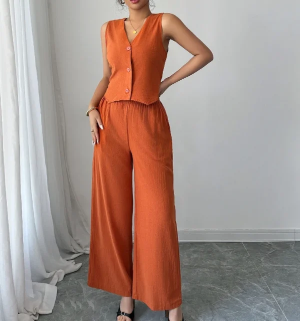 Advanced minimalist sleeveless slim fit two-piece V-neck single breasted sleeveless vest top and high waisted wide leg pants set