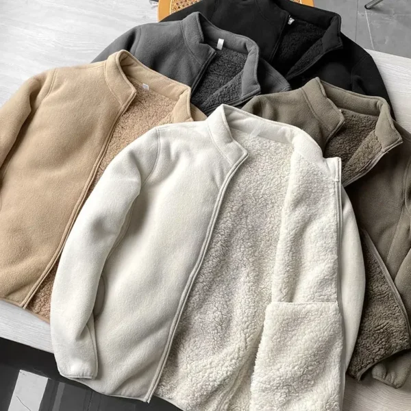 Winter Fleece Jacket Solid Color Sherpa Casual Coat Thick Warm Stand Collar Zip Up Outdoor Windbreak Jacket Soft Comfortable